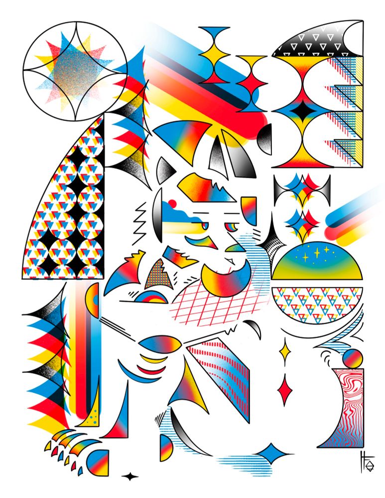 an abstract minimalist picture of an Anthro fox in red yellow and blue. It is composed using negative space and geometry with repeating patterns