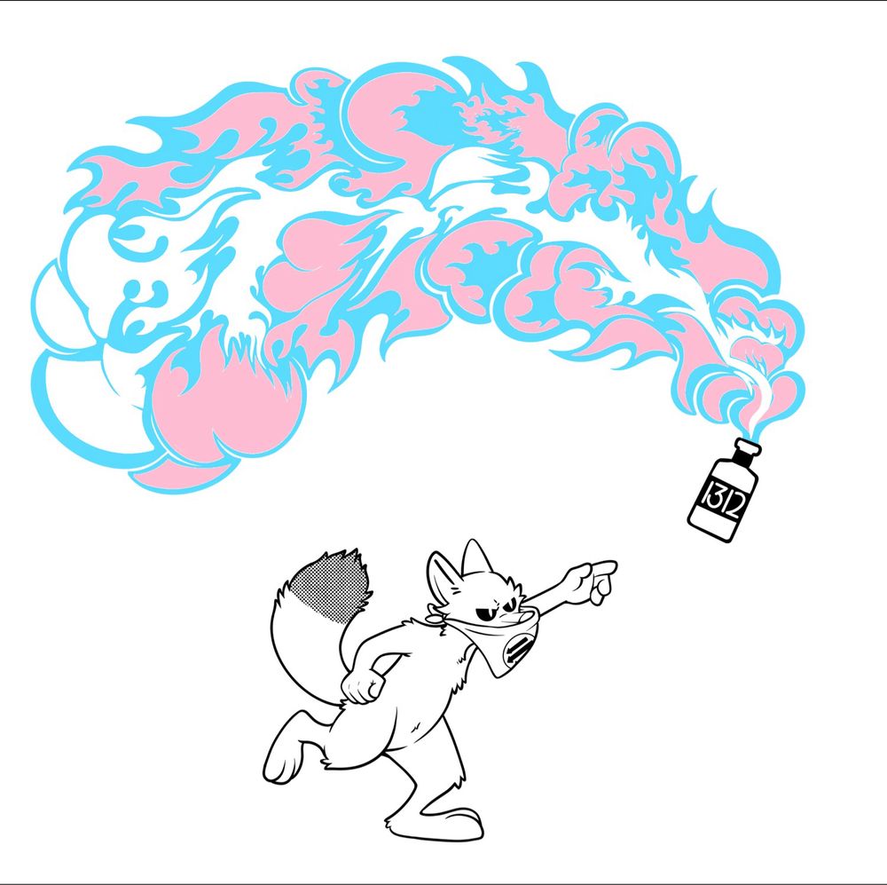 A fox with an anti-fascist bandanna on throwing a molotov cocktail that reads 1312.
The flames are trans Pride colors. 