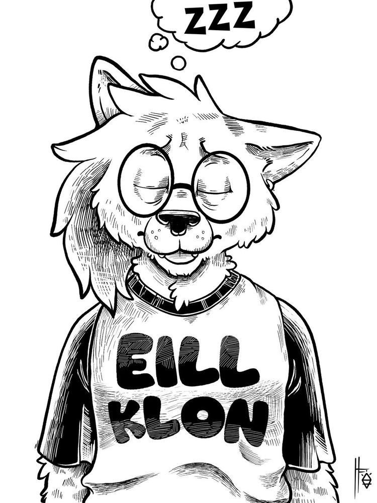 Sleepy fox wearing a shirt that says EILL KLON