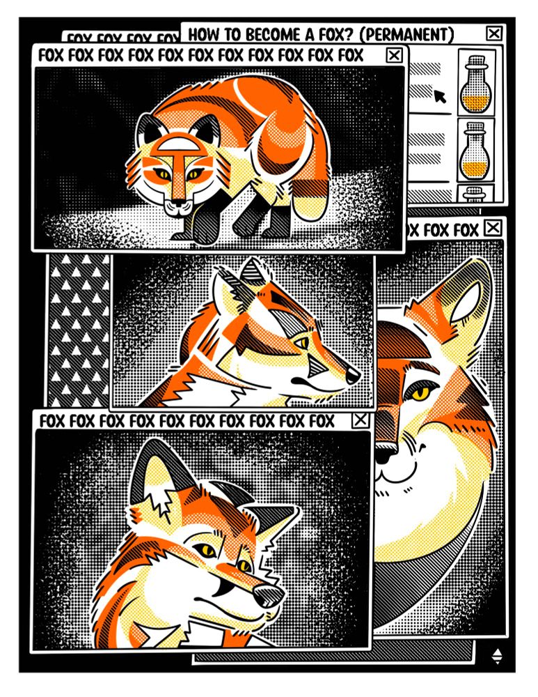 A graphic of search windows open with pictures of foxes. One of them reads “how to become a fox? “.