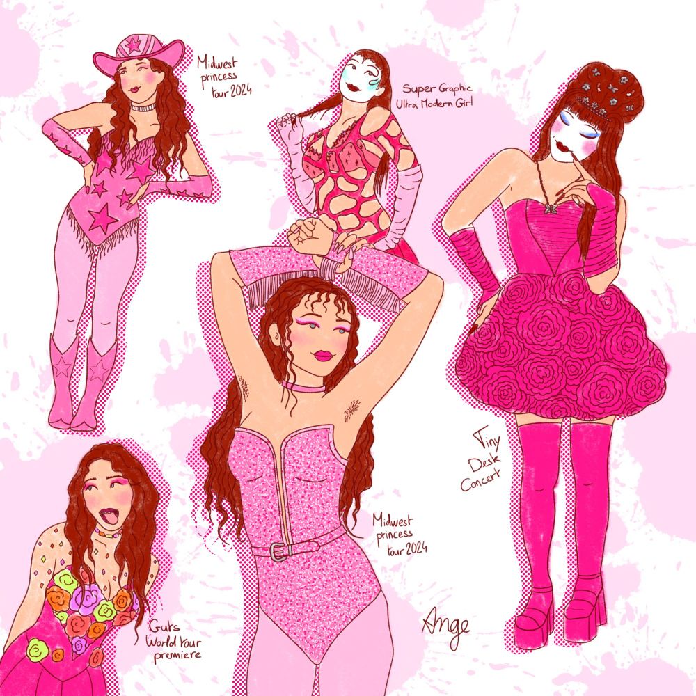 Croquis de 5 tenues rose de Chappell Roan : 2 looks du Midwest princess tour 2024, look du guts world tour premiere, look du tiny desk Concert et look du clip "Super Graphic Ultra Modern Girl"