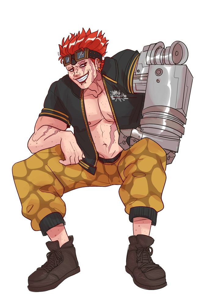 Post timeskip kidd sitting with his arms leaning on his legs. His left arm is the metal arm. He is grinning mischievously. He has on a black jacket with yellow accents, yellow pants with a tortoiseshell pattern, and brown boots. 