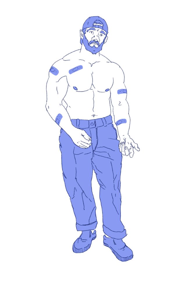 Illustration of a shritless man wearing wearing a backwards hat, trousers and skate shoes with bandages on his torso.

#art #gayart #illustration #drawing #oc #skater