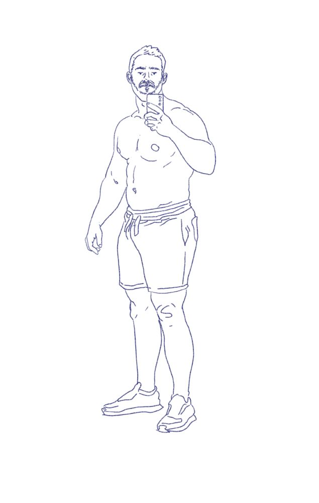Illustration of a shirtless beefy man posing shirtless at an angle while taking a selfie with a phone camera.