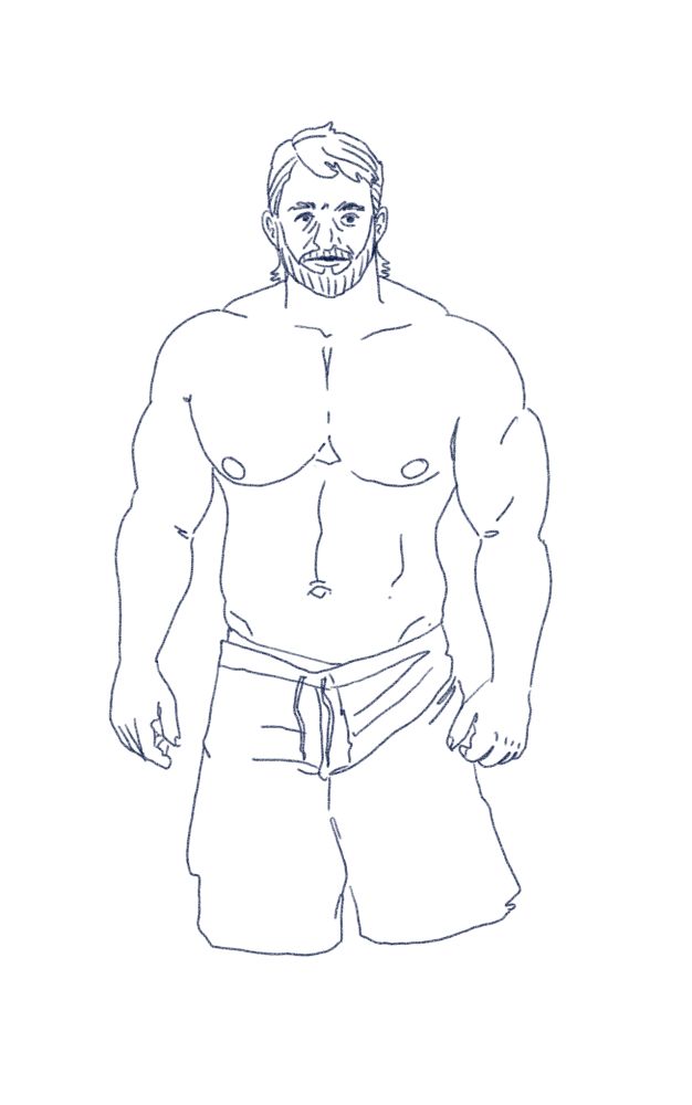 Illustration of a shirtless muscular man from the knees up facing the viewer.