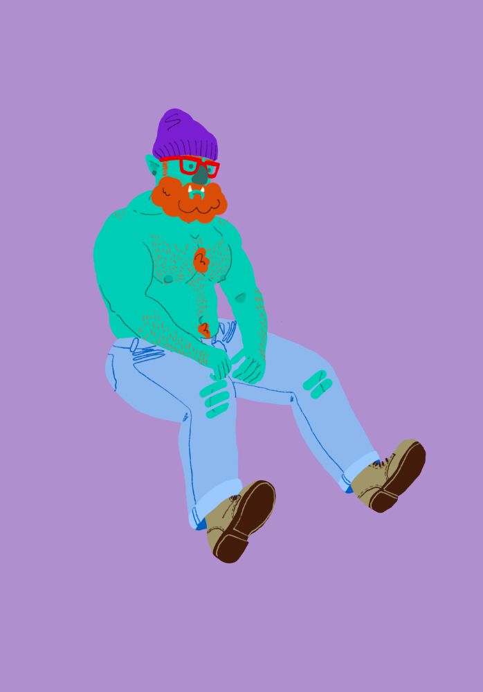 Colourful illustration of a shirtless muscular green goblin man with a red beard, thick framed hipster glasses and a purple beanie wearing blue ripped jeans and tan boots, posed in a seated position on a lilac backdrop.