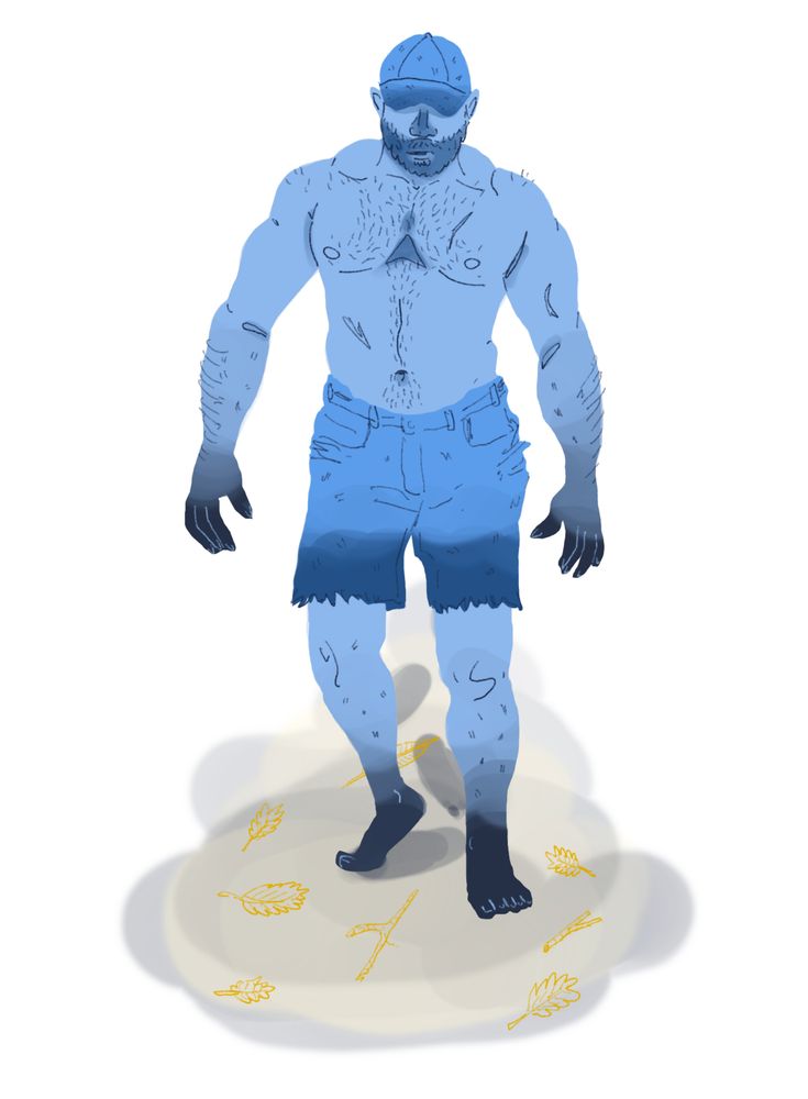 Illustration of a blue shirtless muscular man wearing ripped jean shorts and a baseball cap; his hands and feet appear covered in mud and his gaze his downcast hiding his eyes. He is probably a werewolf.