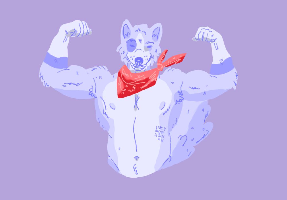 Illustration of a shirtless muscular anthro wolf doing a double bicep pose and smiling at the viewer with his eyes closed; he is coloured shades of purple and wearing a bandana.