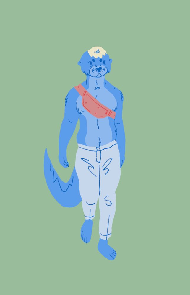 An illustration of a blue otter fursona posed mid stride wearing a salmon coloured crossbody bag and grey pants; he has bleach blonde hair and is on a light green background. 