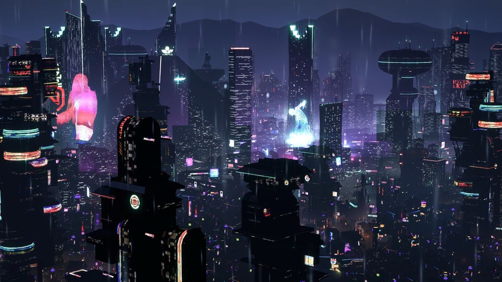 A futuristic city created in the pc game Dystopika.