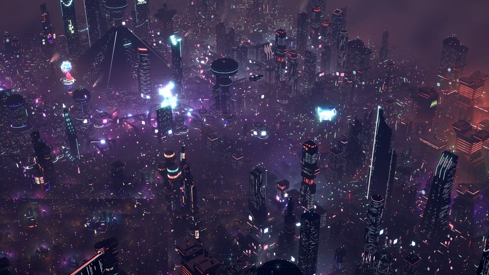 A futuristic city created in the pc game Dystopika.