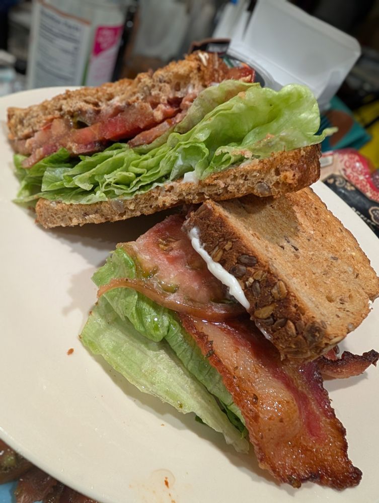 BLT with hatch chili bacon, Sart Roloise Heriloom & Blue Beauty garden tomatoes on whole grain bread 