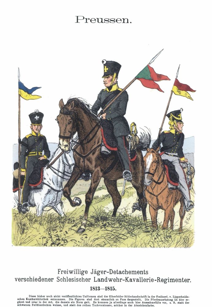 Image: Richard Knötel, Freiwillige Jäger-Detachements verschiedener Schlesischer Landwehr-Kavallerie-Regimenter, 1813–1815. Public domain via Wikimedia Commons.
