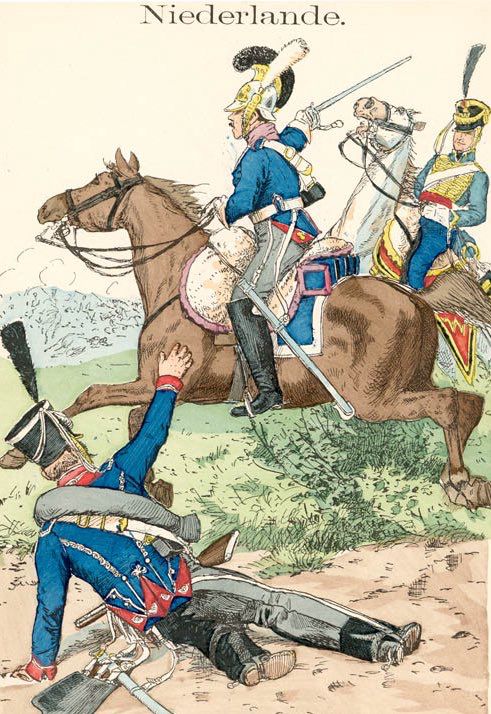 Richard Knötel, Uniformenkunde, plate titled „Niederlande. 1815 – Dragoner, Karabinier, Husar“
Public domain. Source: Wikimedia Commons