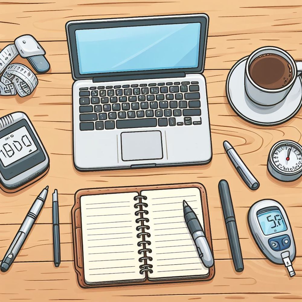 An open laptop on a wooden surface. In front of the laptop is an open calender. There are  also several pens lying nearby, a cup with a brown liquid in it, a timer, a digital clock, and an insuline measurement device.