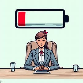 Cartoon-style image of a woman in business clothes sitting at a table. Over her head is a battery indicator that is almost empty.