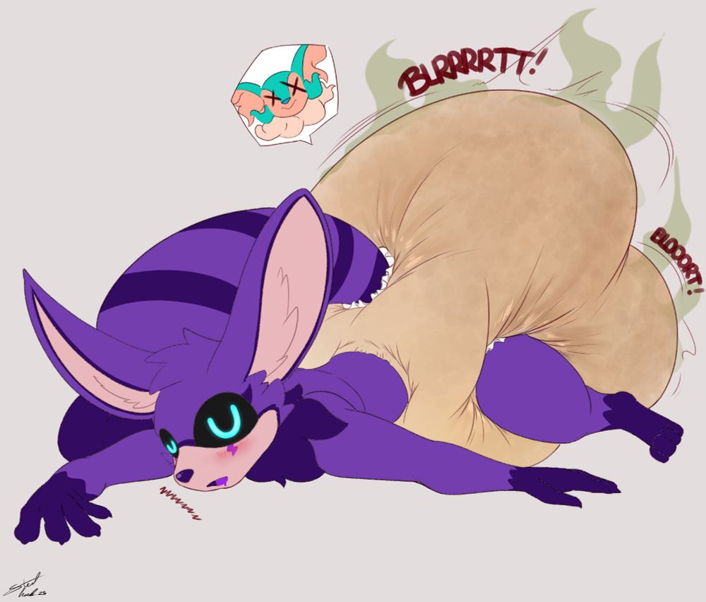 A hybrid between a fennec fox, a protogen, a nickit and Rambley Raccoon is splayed on the floor asleep. Their arms are out to their sides as well as their legs, blushing and drooling in deep sleep. Unconsciously they are violently filling the diaper around their waist, a massive lump being pushed out.  