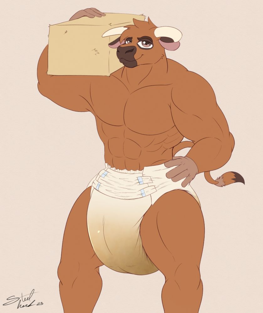 A very muscular bull stands confidently with a bale of hay over their shoulder, smiling at the viewer as they further use the diaper around their waist