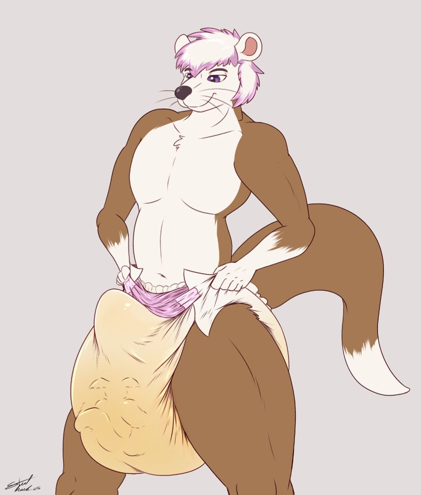 There is a male otter standing in a wide stance, wearing a diaper and inside the diaper is a smaller Guilmon. The otter has a smug smile on their face, looking down and hoisting up their heavily wetted padding. The padding itself is very yellow, sagging down around the otter's knees with the bulge of the guilmon pressed against the front. Above the guilmon is the tenting erection of the otter
The otter has brown fur with white countershading and white hair with pink highlights. 