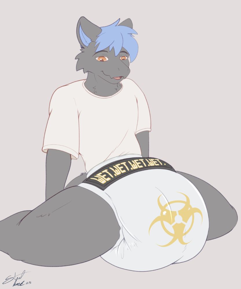 A grey furred dragon is sitting in a diaper with a white latex cover and a flexible LED screen attached to the top of the landing strip. The dragon looks pleased as his diaper swells from use, a yellow biohazard symbol appearing on the front with the LED screen reading "WET" repeatedly 