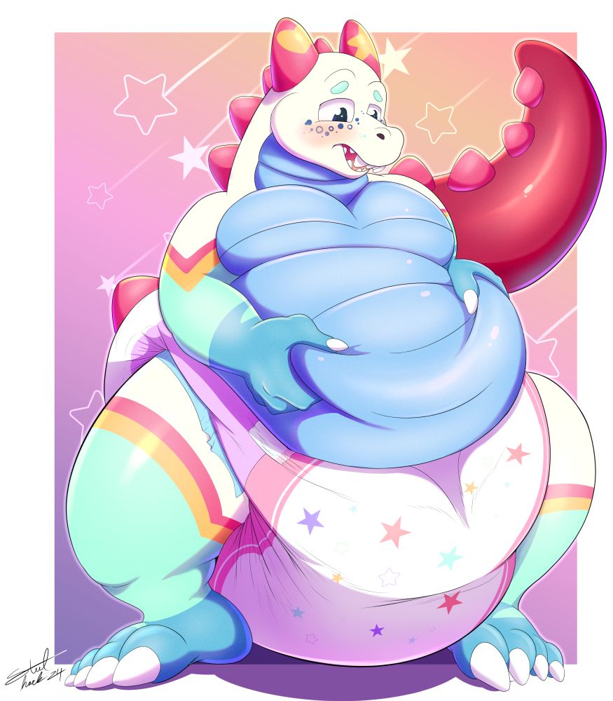 A colorful, tubby dragon stand embarrassed while holding its large belly, gripping a fat roll. The second image a large multi-colored diaper sits around the dragon's waist