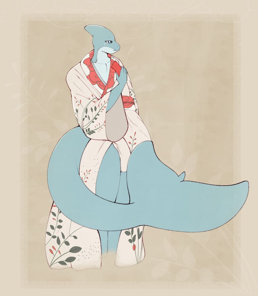 A male anthro shark stands in a long, open-faced kimono, holding a red tanzaku slip in his right hand. The cream color kimono is patterned with a design inspired from bush clover hanafuda cards 