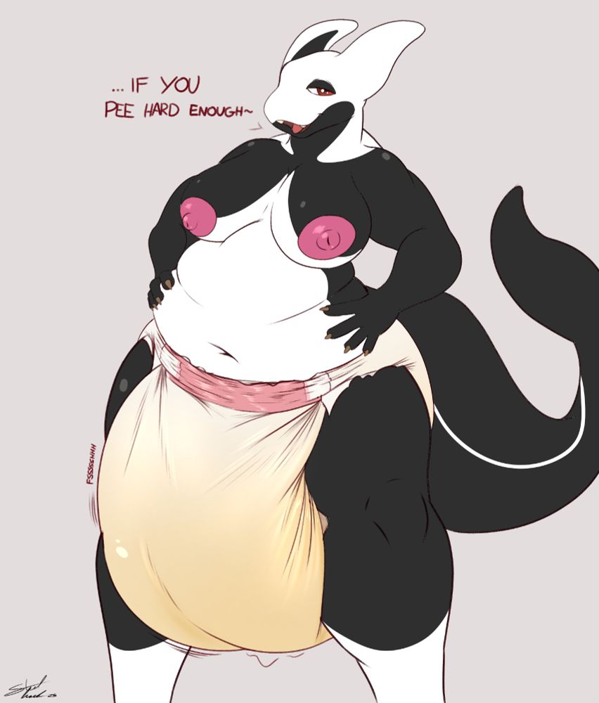 A large, slightly overweight female orca anthro stands nearly naked in front of the viewer. She has both hands on her hips, proudly displaying her curvaceous figure. Her breasts are exposed with pink nipples, similar in color to the diaper around her waist.

With a smug and somewhat aroused expression she says to the viewer "If you pee hard enough~". The diaper is heavily wetted, sagging and bloated down to her knees. 