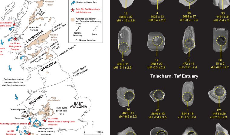 zircon grains and map of UK used in sand geochronology study