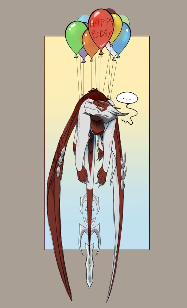 A white and red dragon being lifted by numerous balloons tied to his body, looking up at them unamused