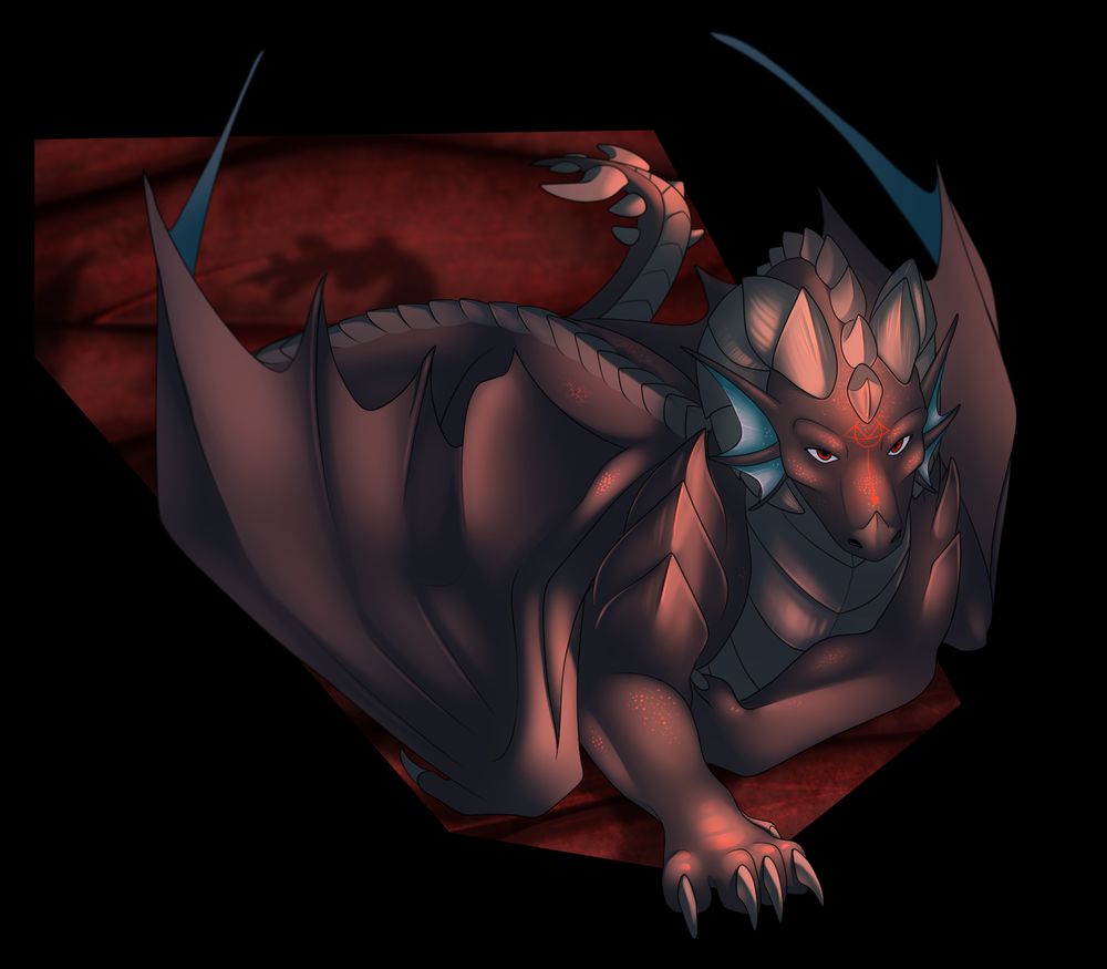 A drawing of a rather bulky dragon lying down and looking up at the viewer