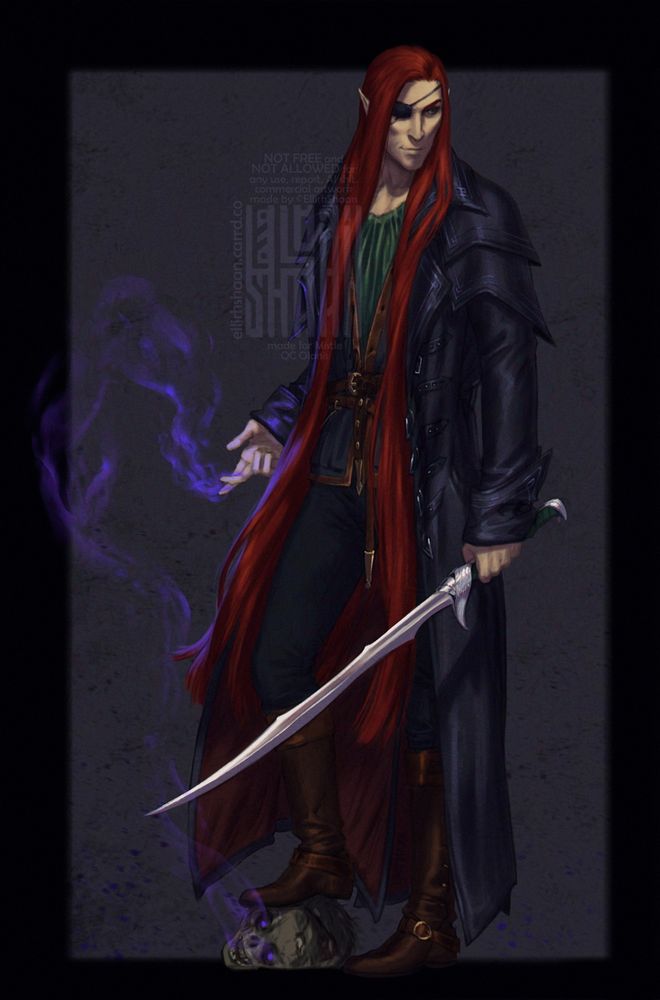 art of client's dnd character Olanis - elf sorcerer with the very long crimson hair and charming tricky smile. He also has an eyepatch, fancy black coat and sword.  