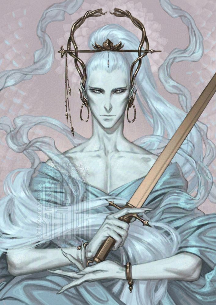 artwork, portrait of a man with white skin and silky white hair. he has a bit of snake vibes and features. he has copper sword in his hand and copper jewelry
