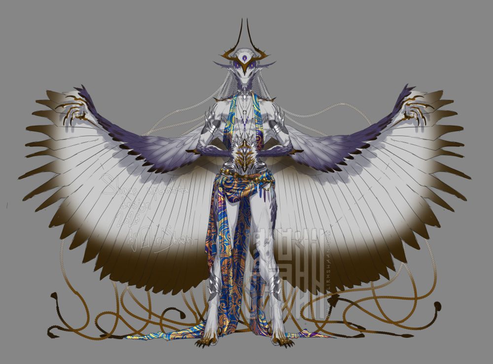 artwork of my original character Shaas. white-skinned demn with four hands and three eyes smiling gently. she has golden horns and numerous number of braids which flow in air behind her back

#ellirhshaan