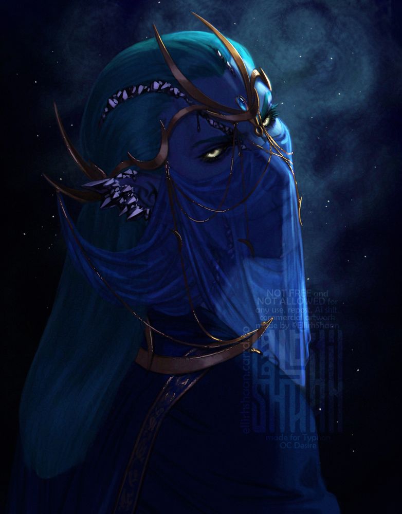 portrait art of an original character. they have blue skin, teal-colored hair and copper jewelry on it. transparent blue veil hides half of their face. a multiple cracks on their head shows hematite crystals growing inside them.