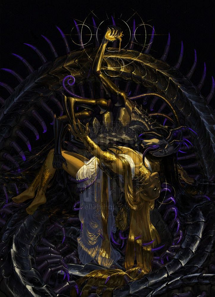 illustration for my original setting HoelNaraht, there is Usudrozis, a demonic creature with centipede features - chitin horns and body, multiple hands and centipede-like tail - holding a golden bleeding and shining heart above his head by one hand and a body of a dead golden elf by a few other hands. elf's hair look like gold, he's dressed in sink tunic and has bracers, collar and greaves made of melted gold.
#oc #elfenjoyers #art #artsky #darkart