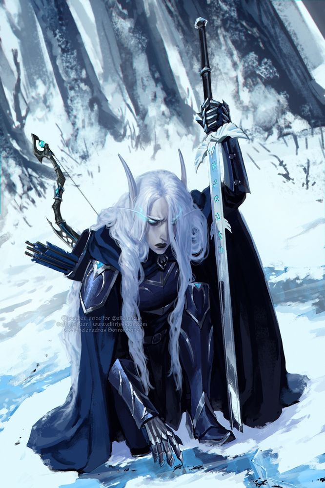 artwork of death knight Thelendras, a player's character from world of warcraft. She has pale skin, blue glowing eyes and long white hair. She is dressed in dark-blue armor and cloak. She stands on a knee trying to see and identify the trail of black drops on the snow. She leans on her longsword. #artsky #elfenjoyers #art #worldofwarcraft