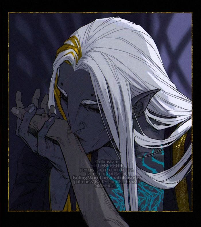 portrait of my OC Ibraezkar gently kissing someone's hand. He's a sudrorkar (original dark elf), has a dark-grey skin and white hair with golden lock. A bit covered by clothes centipede glowing tattoo is visible on his chest. #artsky #elfenjoyers
