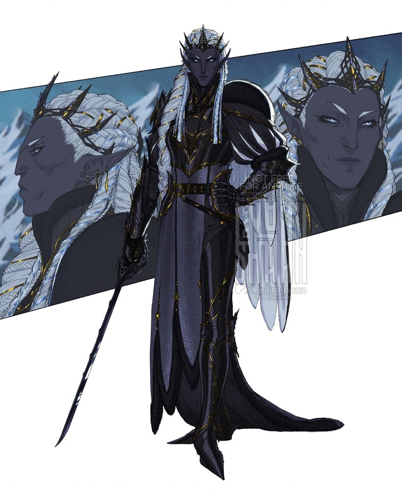 Dark elf queen stands straight and hold a black saber in her right hand. Her hair are made into multiple braids decorated by golden and light-blue ribbons. She wears a black armour decorated by golden engraving and black fur. On the background there are two her portraits from different angles with a serious and smirky emotions.