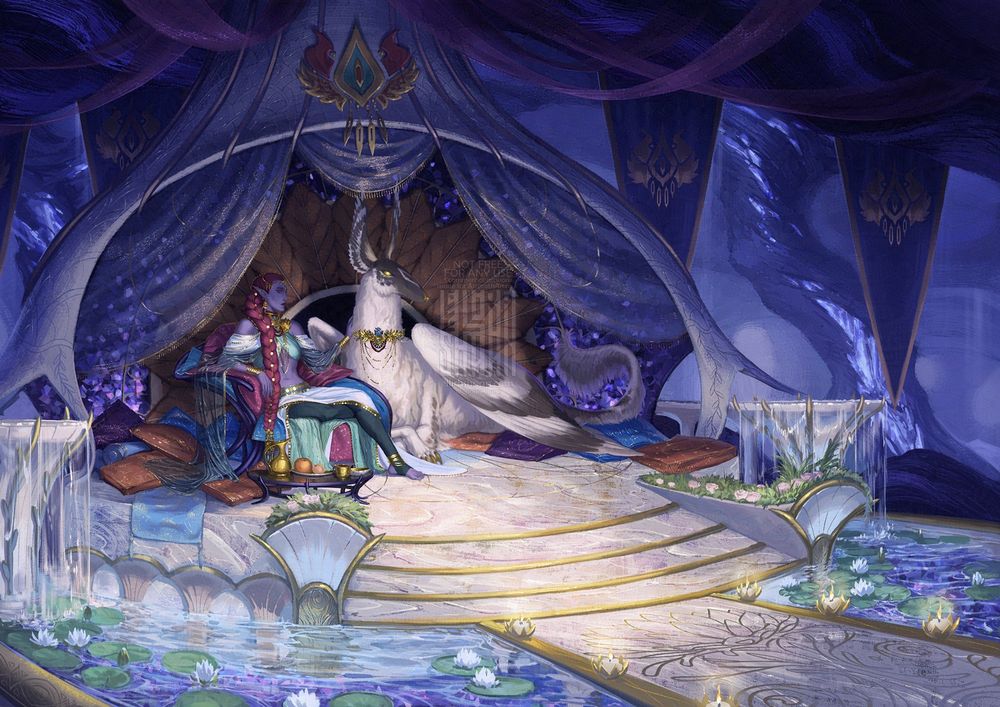 artwork of a dark elf original character Jaal'Rhune sitting in her private chamber. She a young ruler of her House and has a lot of golden jewelry and costly fabrics around her. there's a big dog with silky white fur and wings laying on her left side.

#noeld