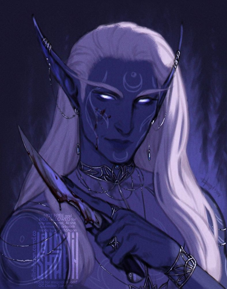 artfight art, a nightborne warcraft elf with blue skin and silky white hair is gently smiling and holding a dagger near his face. he wears a lot of silver jewelry and a few red drops (strawberry jam, i swear!) on a cheek and on a blade (it's a necessary make up for each successful assassin)