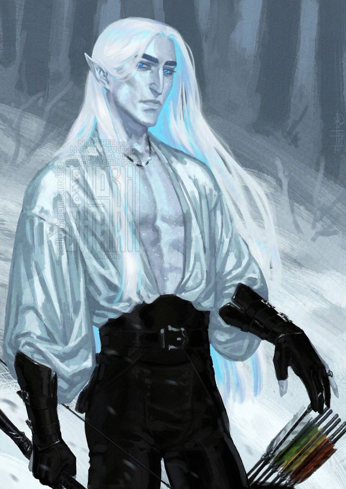art of my dnd eladrin character Illuronis in his winter form - snow white skin, white hair with light-blue icy hue, cold face expression

#oc #ellirhshaan