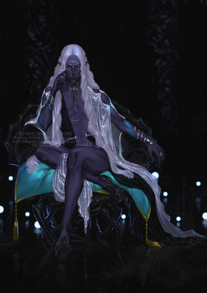an artwork of my original character Hizgnakar, sitting in a armchair relaxed. He has dark-violet skin, light-grey long and wavy hail, black eyes with yellow shining pupil and flat triangular nose with wide bridge and pointed tip. he looks slim and elegant. dressed in black and silver a bit transparent fabrics, has golden and silver jewelry (necklace and bracelets) and tattoos of two centipedes wrapped around his arms from wrists to shoulders. Hizgna belongs to my original race named Sudrorkar.