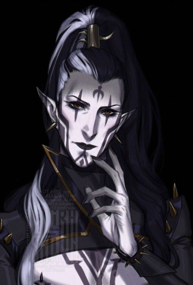 portrait art of (original) elegant drukhari with pale skin and black hair with a few white locks. he looks a viewer with a cold sight and a slightly noticeable smirk