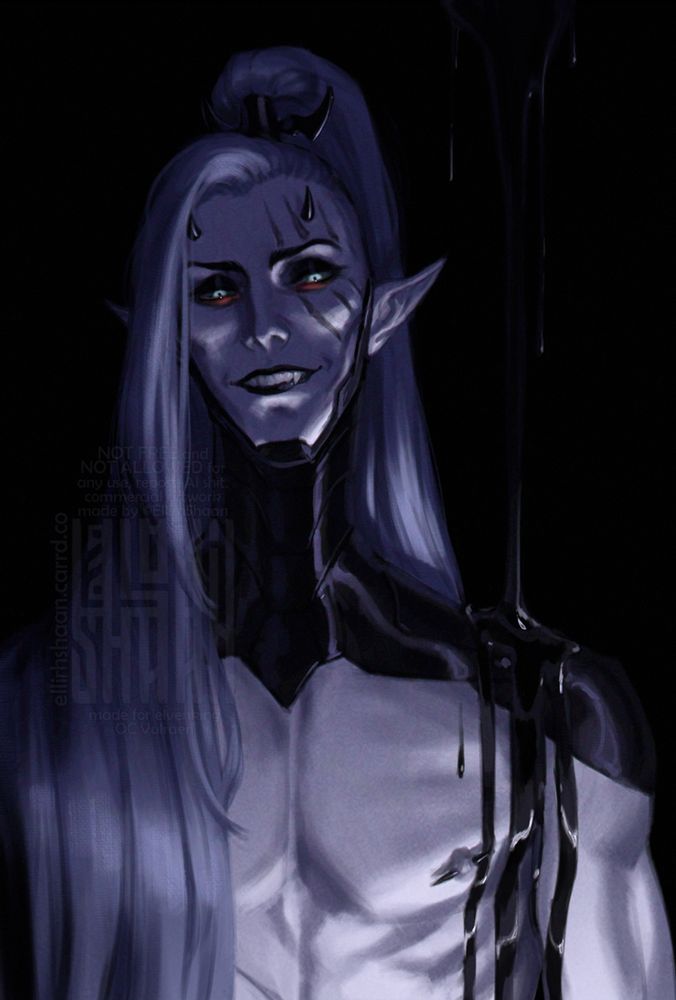 portrait art of (original) drukhari with pale white skin and pale-lavender colored hair. he looks at the viewer with evil smile while some weird black liquid flows down his shoulder (i have no idea wtf is it)