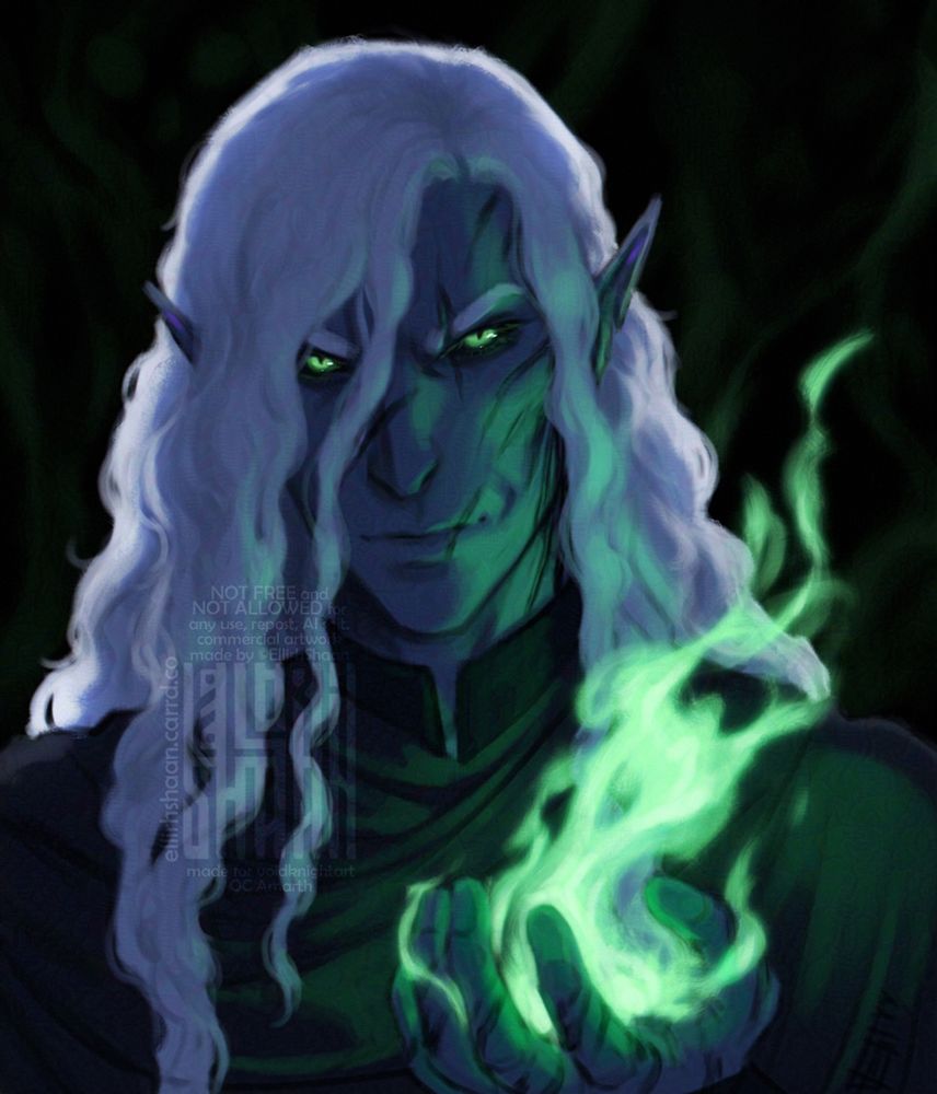 portrait art of dark elf with long vawy white hair, green eyes and a bit evil smile. his face is covered by scars. he holds a green necromantic fire in his left palm
