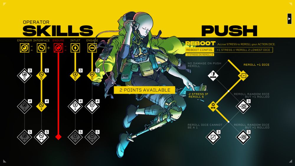 A screenshot of the character customization aspect of the game Citizen Sleeper 2. In the center you can see the "Sleeper" who looks like an android. To their left are "Skills" and to their right the new "Push" ability configuration.