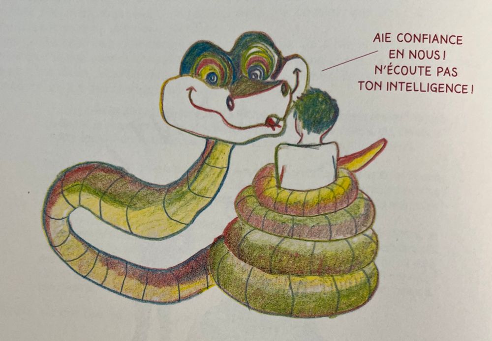 Une enfant enserrée par un serpent qui l’hypnotise en même temps. Dessin de Cécile Cée