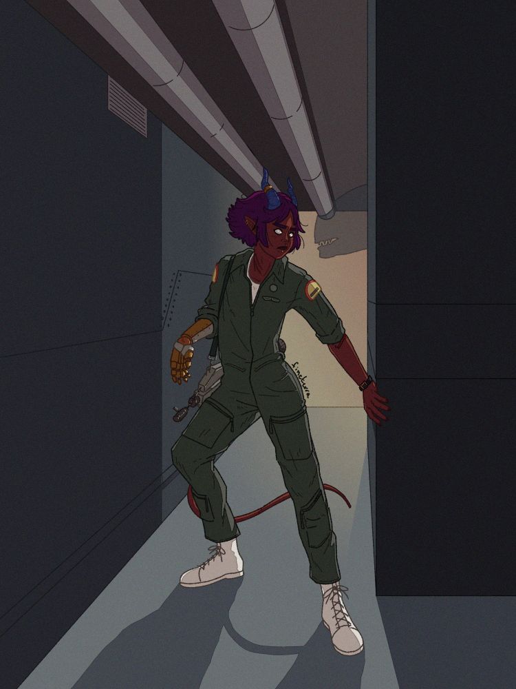 A digital illustration of a tiefling dressed up as Ellen Ripley from Alien (1979). They are peeking around a corner, unaware that behind them the shadow of the xenomorph appeared on the wall. The illustration is signed fineterra.