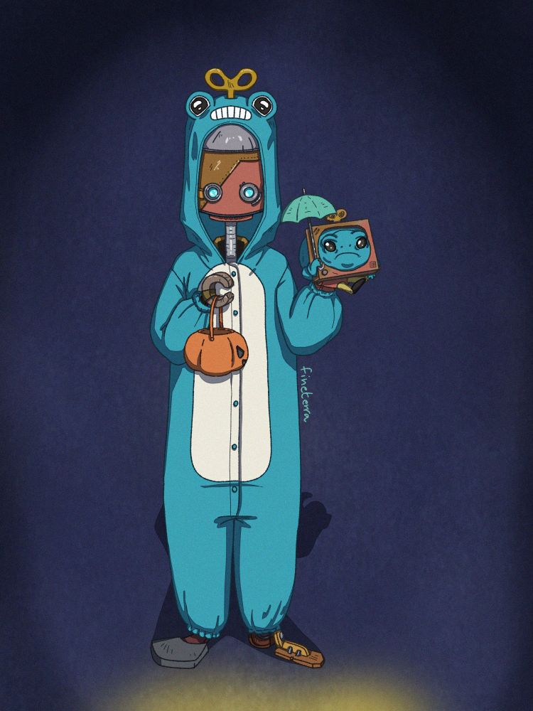 A digital illustration of a small robot wearing a teal frog onesie. They're holding a pumpkin-shaped basket and their teal pet frog. The pet frog is wearing a cardboard box, sloppily painted over to resemble the robot's faceplate, and he is holding a tiny umbrella. the illustration is signed fineterra.