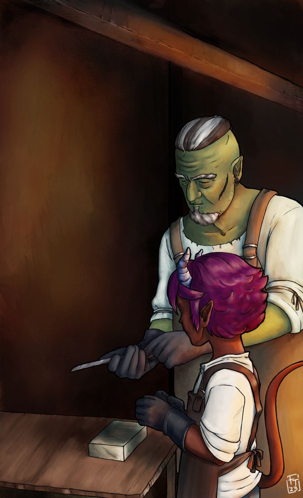A digital illustration of a child tiefling and an older half-orc. The half orc is holding a knife, and the child is listening carefully, with a whetstone in front of them. The illustration is signed FT '23